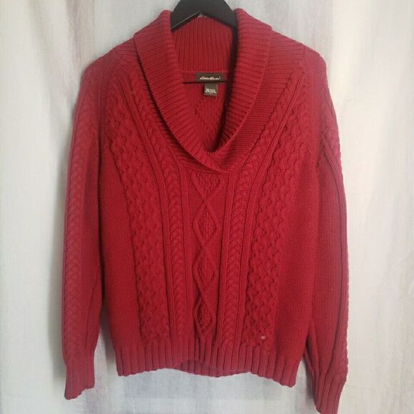 Eddie Bauer Women's Sweater Size L Chunky Cable Knit Shawl Collar Red Burgundy - Picture 1 of 16